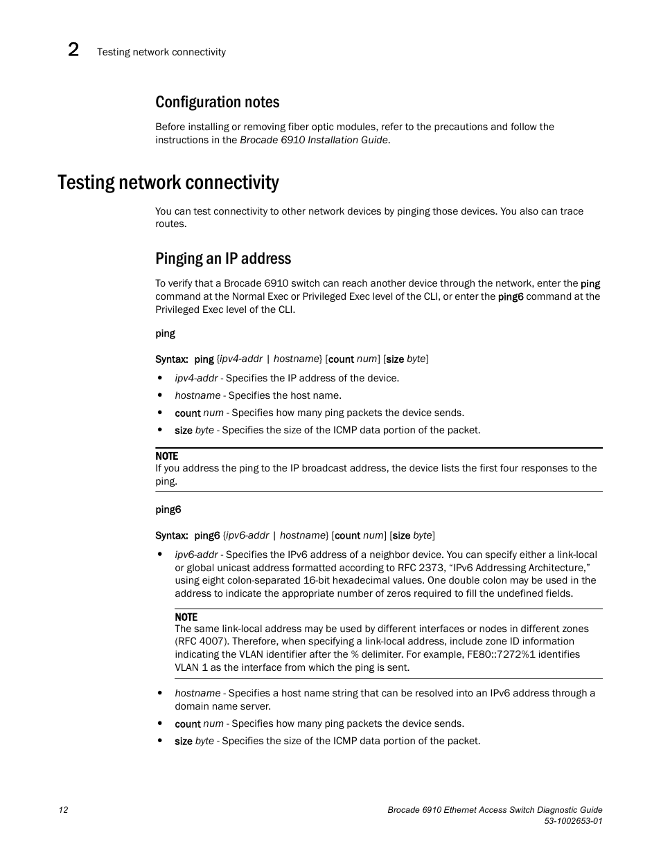 Configuration notes, Testing network connectivity, Pinging an ip address | Brocade 6910 Ethernet Access Switch Diagnostic Guide (Supporting R2.2.0.0) User Manual | Page 22 / 88