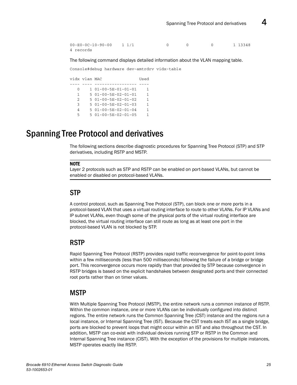 Spanning tree protocol and derivatives, Rstp, Mstp | Brocade 6910 Ethernet Access Switch Diagnostic Guide (Supporting R2.2.0.0) User Manual | Page 35 / 88