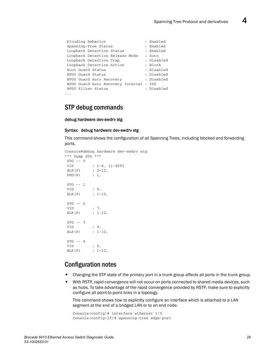 Stp debug commands, Configuration notes, Draft: brocade confidential | Brocade 6910 Ethernet Access Switch Diagnostic Guide (Supporting R2.2.0.0) User Manual | Page 39 / 88