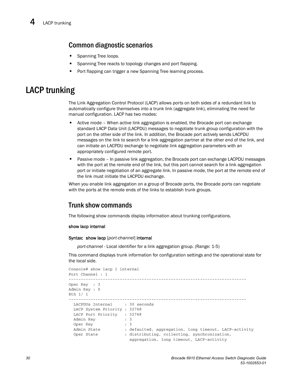 Common diagnostic scenarios, Lacp trunking, Trunk show commands | Brocade 6910 Ethernet Access Switch Diagnostic Guide (Supporting R2.2.0.0) User Manual | Page 40 / 88