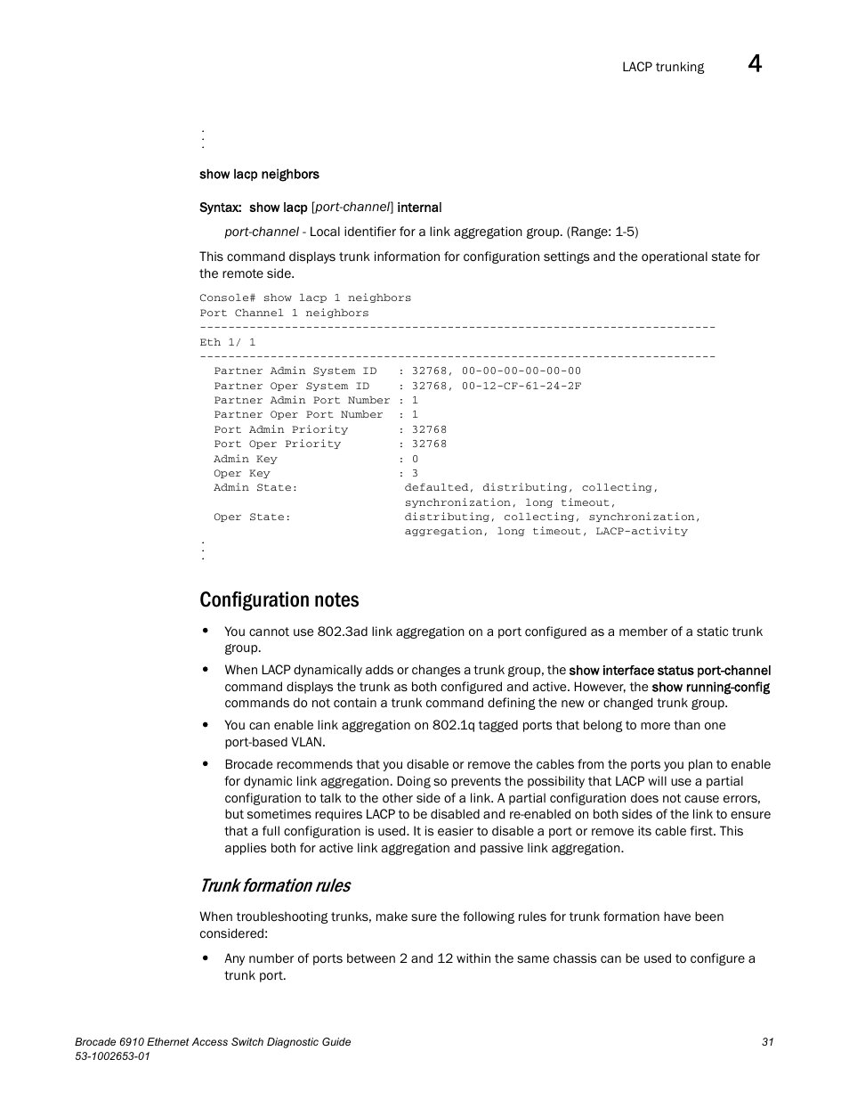 Configuration notes, Trunk formation rules | Brocade 6910 Ethernet Access Switch Diagnostic Guide (Supporting R2.2.0.0) User Manual | Page 41 / 88