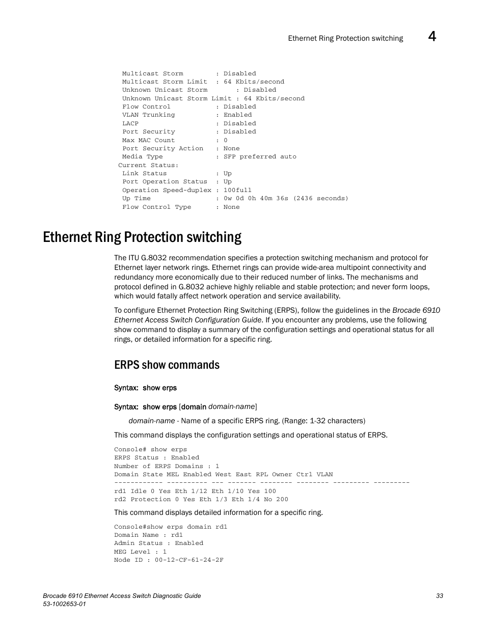 Ethernet ring protection switching, Erps show commands, Draft: brocade confidential | Brocade 6910 Ethernet Access Switch Diagnostic Guide (Supporting R2.2.0.0) User Manual | Page 43 / 88