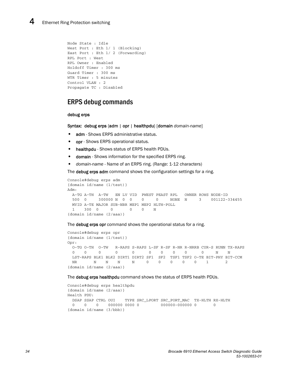 Erps debug commands, Draft: brocade confidential | Brocade 6910 Ethernet Access Switch Diagnostic Guide (Supporting R2.2.0.0) User Manual | Page 44 / 88