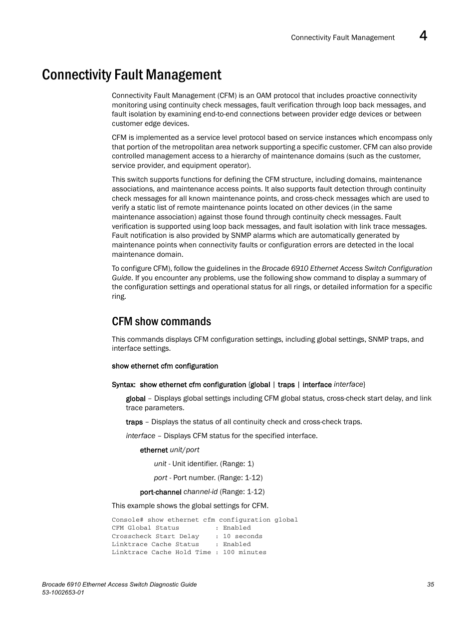Connectivity fault management, Cfm show commands | Brocade 6910 Ethernet Access Switch Diagnostic Guide (Supporting R2.2.0.0) User Manual | Page 45 / 88