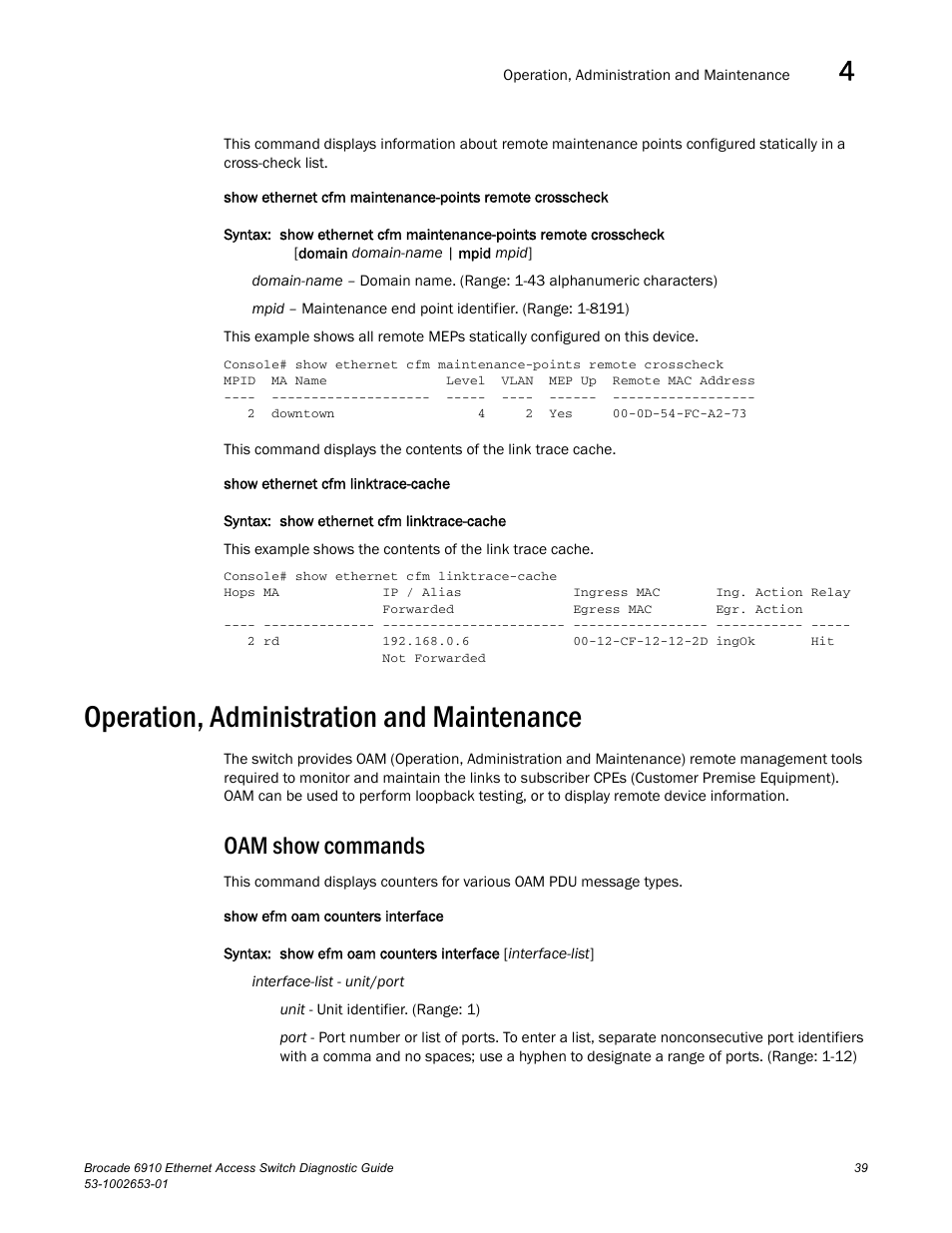 Operation, administration and maintenance, Oam show commands | Brocade 6910 Ethernet Access Switch Diagnostic Guide (Supporting R2.2.0.0) User Manual | Page 49 / 88