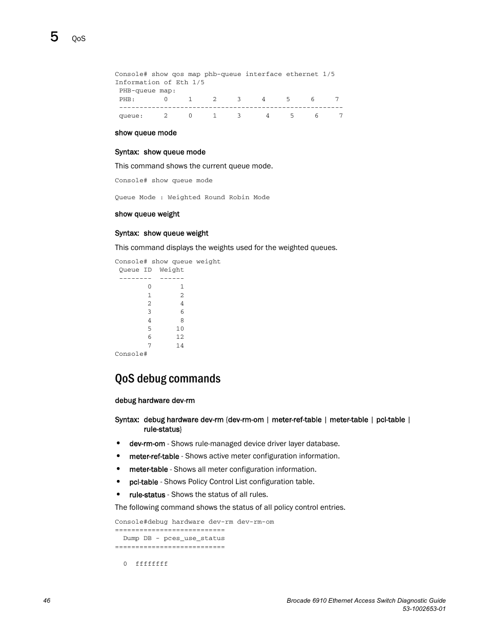 Qos debug commands | Brocade 6910 Ethernet Access Switch Diagnostic Guide (Supporting R2.2.0.0) User Manual | Page 56 / 88