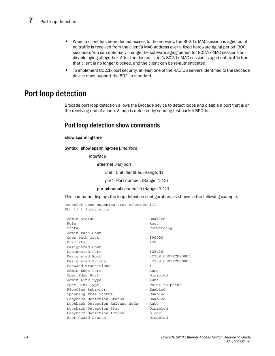 Port loop detection, Port loop detection show commands | Brocade 6910 Ethernet Access Switch Diagnostic Guide (Supporting R2.2.0.0) User Manual | Page 74 / 88