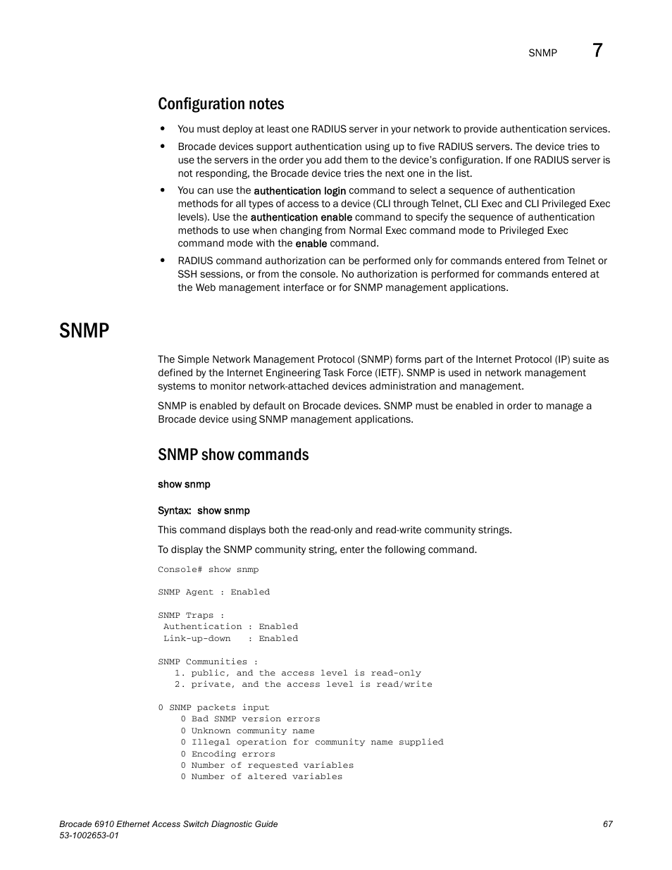 Configuration notes, Snmp, Snmp show commands | Brocade 6910 Ethernet Access Switch Diagnostic Guide (Supporting R2.2.0.0) User Manual | Page 77 / 88