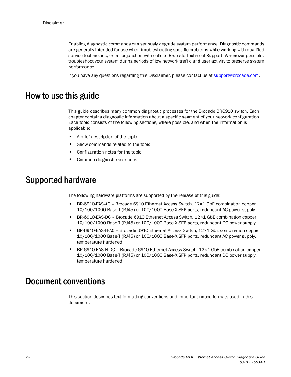 How to use this guide, Supported hardware, Document conventions | Brocade 6910 Ethernet Access Switch Diagnostic Guide (Supporting R2.2.0.0) User Manual | Page 8 / 88