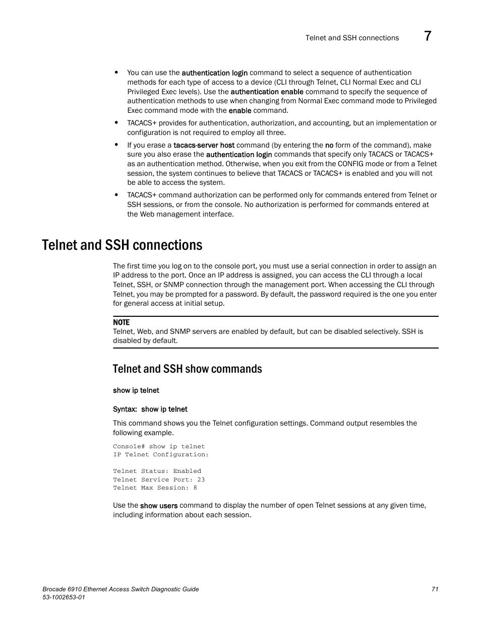 Telnet and ssh connections, Telnet and ssh show commands | Brocade 6910 Ethernet Access Switch Diagnostic Guide (Supporting R2.2.0.0) User Manual | Page 81 / 88