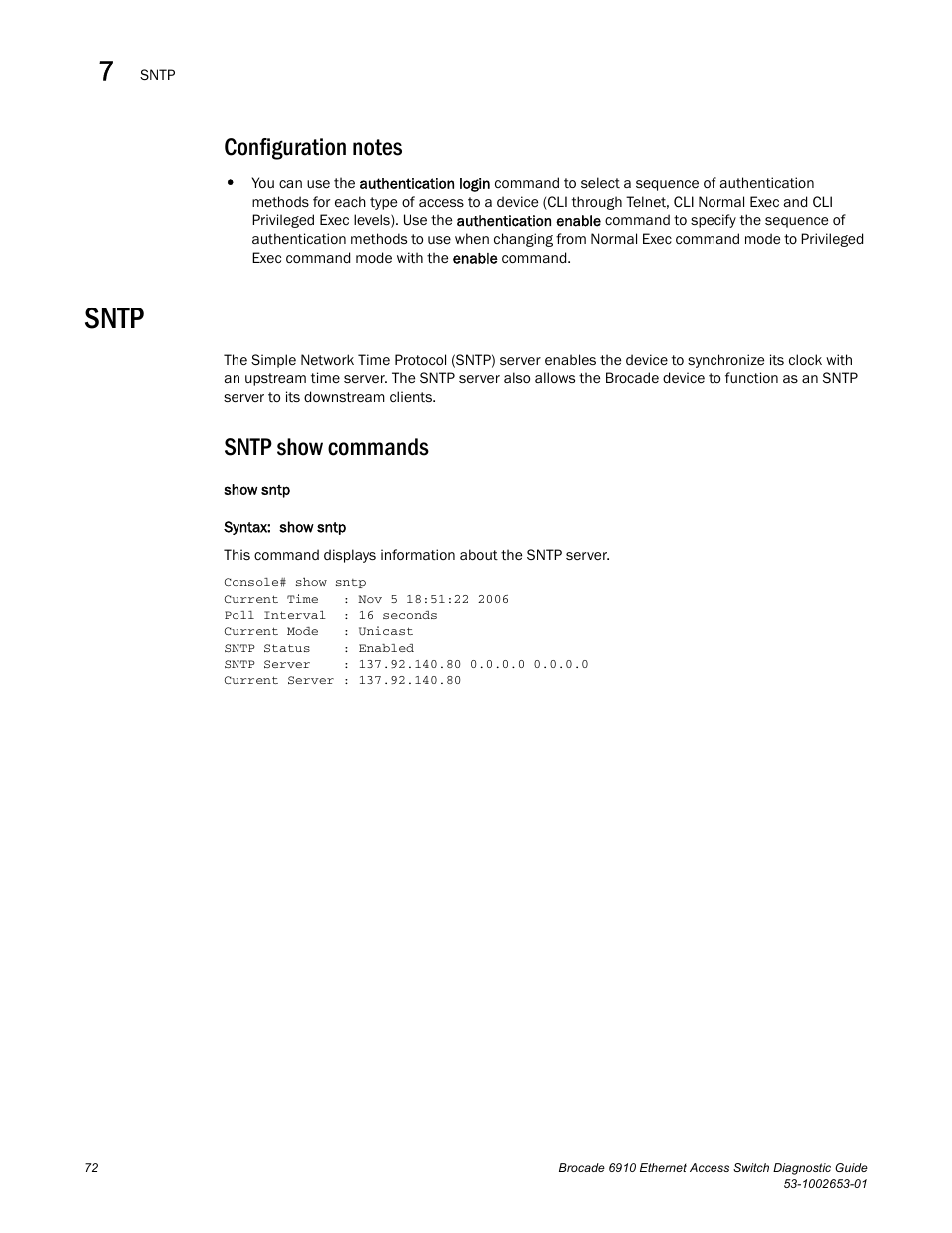 Configuration notes, Sntp, Sntp show commands | Brocade 6910 Ethernet Access Switch Diagnostic Guide (Supporting R2.2.0.0) User Manual | Page 82 / 88