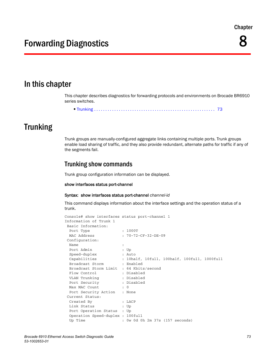 Forwarding diagnostics, Trunking, Trunking show commands | Chapter 8, Chapter | Brocade 6910 Ethernet Access Switch Diagnostic Guide (Supporting R2.2.0.0) User Manual | Page 83 / 88