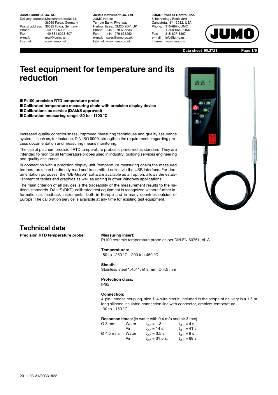 JUMO 902721 Test Equipment for Temperature and Temperature Traceability / Pt100 Precision RTD Temperature Probe Data Sheet User Manual | 6 pages