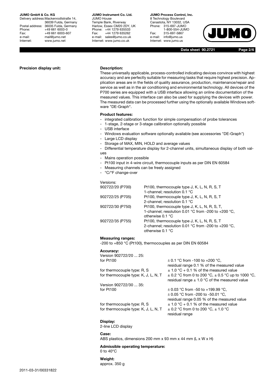 JUMO 902721 Test Equipment for Temperature and Temperature Traceability / Pt100 Precision RTD Temperature Probe Data Sheet User Manual | Page 2 / 6