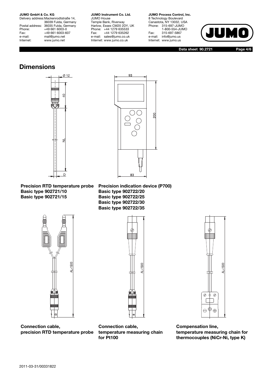 Dimensions | JUMO 902721 Test Equipment for Temperature and Temperature Traceability / Pt100 Precision RTD Temperature Probe Data Sheet User Manual | Page 4 / 6