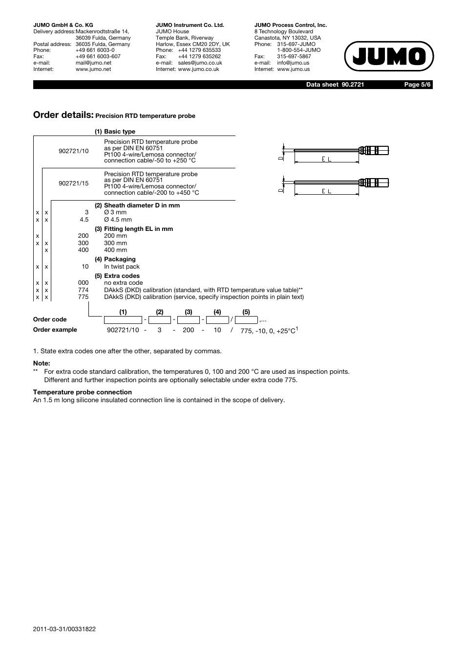 Order details | JUMO 902721 Test Equipment for Temperature and Temperature Traceability / Pt100 Precision RTD Temperature Probe Data Sheet User Manual | Page 5 / 6