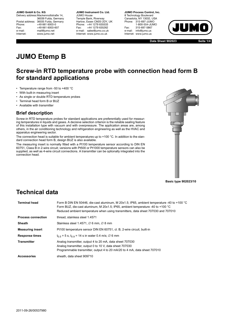 JUMO 902023 Etemp B, Screw-In RTD Temperature Probe with Form B Terminal Head for Standard Applications Data Sheet User Manual | 4 pages