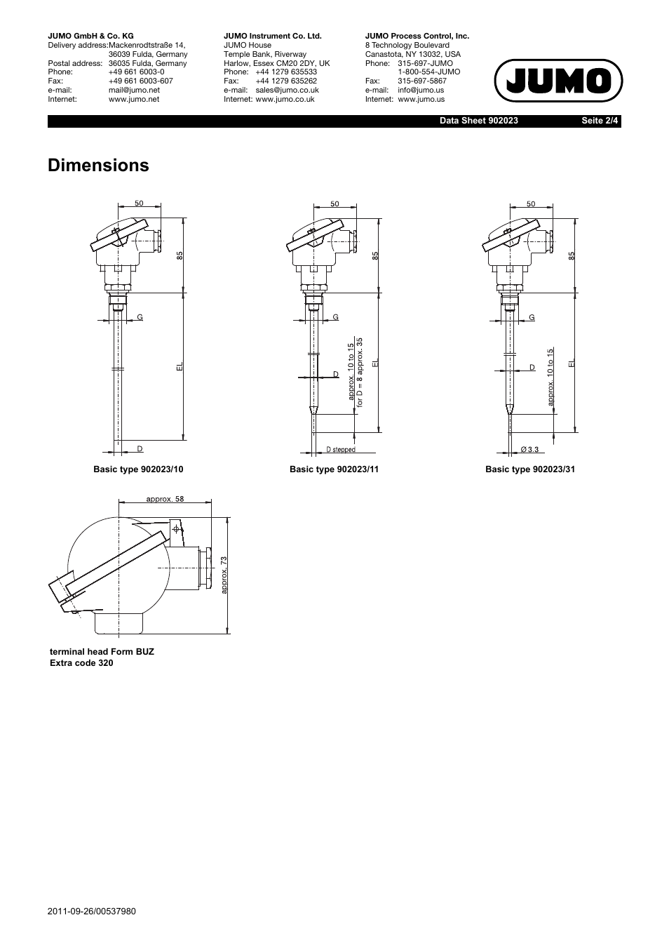 Dimensions | JUMO 902023 Etemp B, Screw-In RTD Temperature Probe with Form B Terminal Head for Standard Applications Data Sheet User Manual | Page 2 / 4