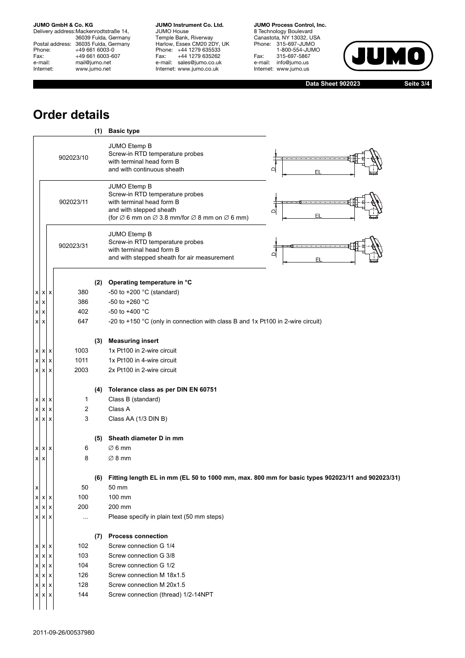 Order details | JUMO 902023 Etemp B, Screw-In RTD Temperature Probe with Form B Terminal Head for Standard Applications Data Sheet User Manual | Page 3 / 4