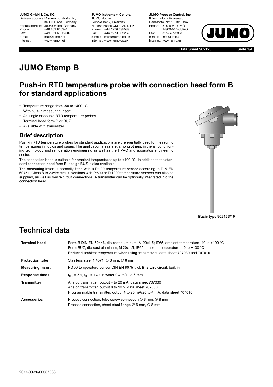 JUMO 902123 Etemp B Push-In RTD Temperature Probe with Terminal Head Form B for Standard Applications Data Sheet User Manual | 4 pages