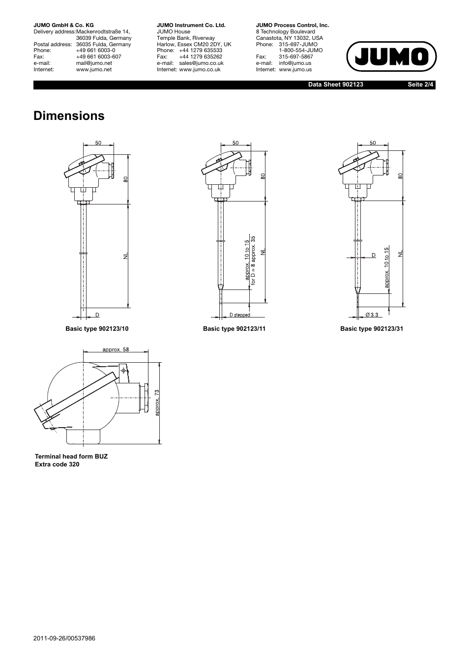 Dimensions | JUMO 902123 Etemp B Push-In RTD Temperature Probe with Terminal Head Form B for Standard Applications Data Sheet User Manual | Page 2 / 4