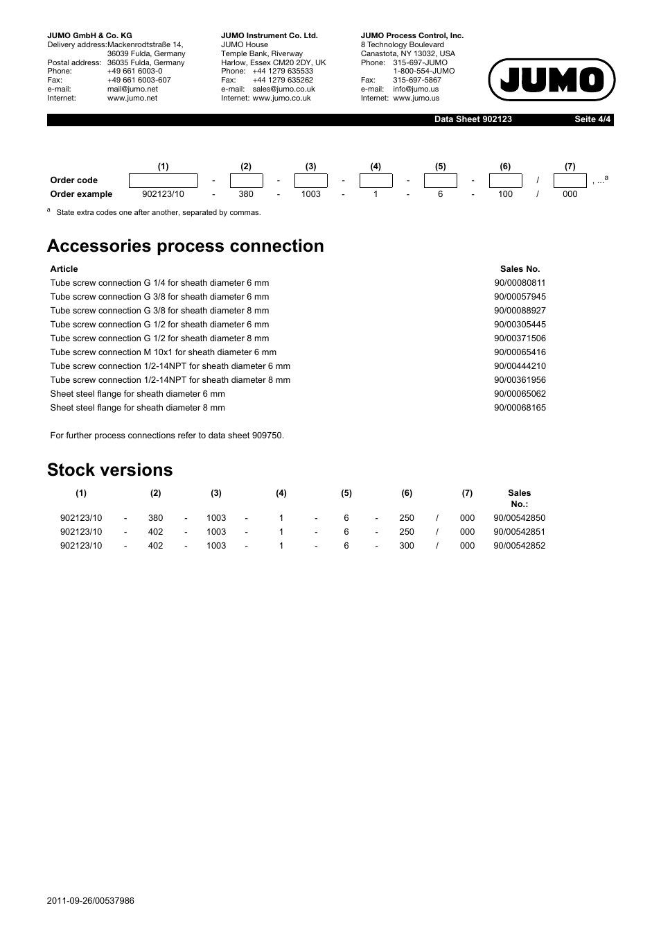 Accessories process connection stock versions | JUMO 902123 Etemp B Push-In RTD Temperature Probe with Terminal Head Form B for Standard Applications Data Sheet User Manual | Page 4 / 4