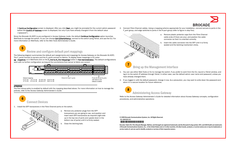 Review and configure default port mappings, Connect devices, Bring up the management interface | Administering access gateway, Attention | Brocade Communications Systems Brocade VA-40FC User Manual | Page 2 / 2