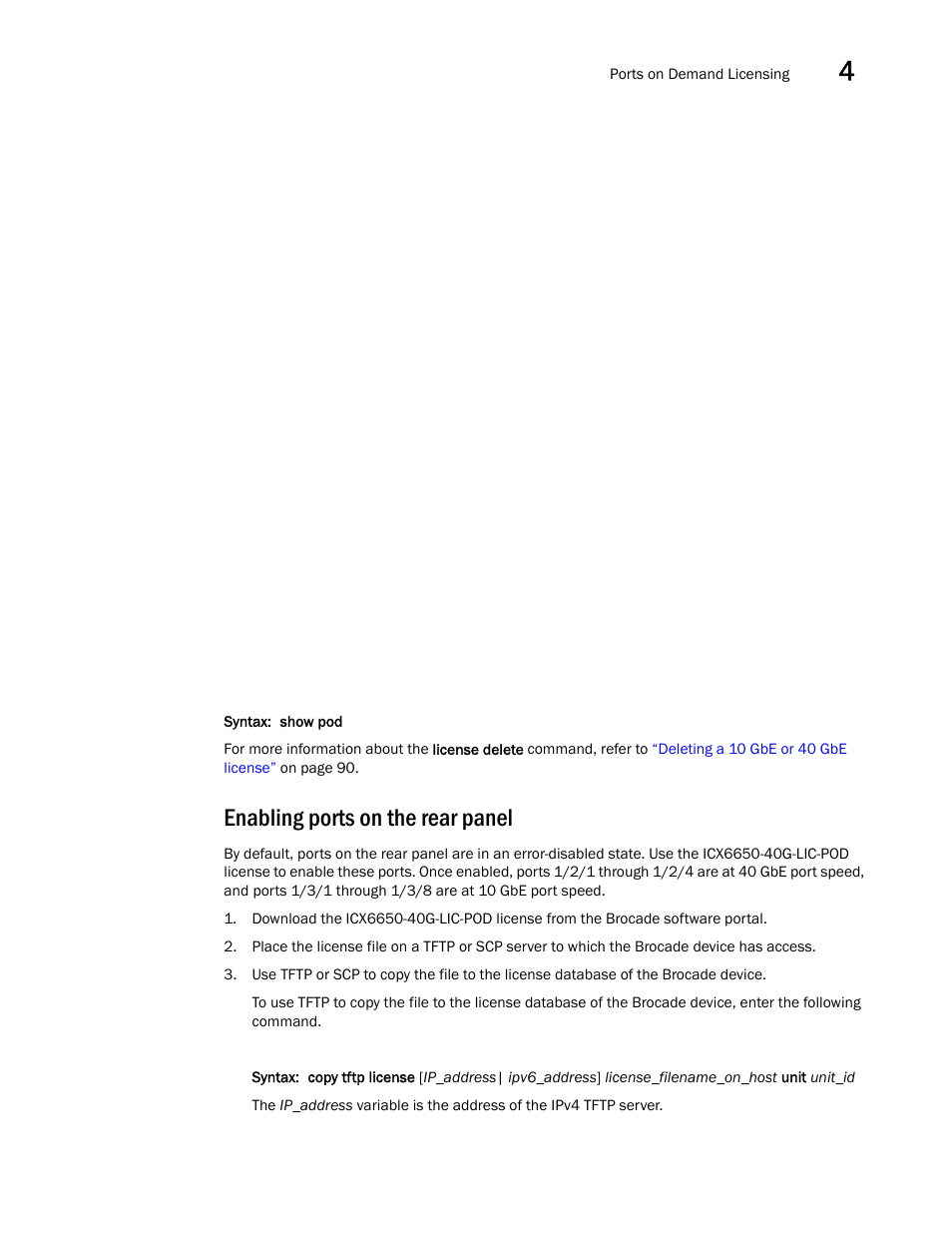 Enabling ports on the rear panel | Brocade Communications Systems Brocade ICX 6650 User Manual | Page 105 / 330