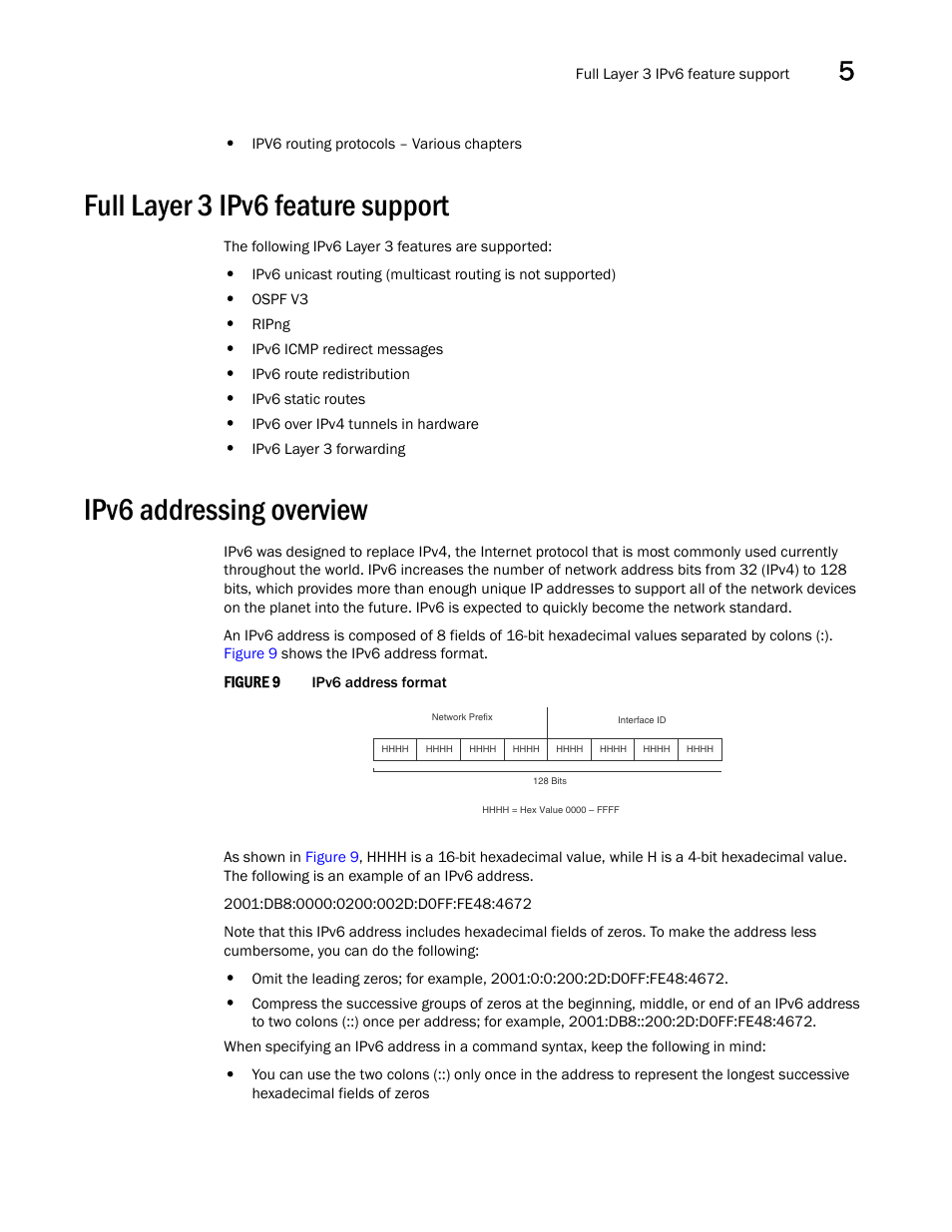 Full layer 3 ipv6 feature support, Ipv6 addressing overview | Brocade Communications Systems Brocade ICX 6650 User Manual | Page 119 / 330
