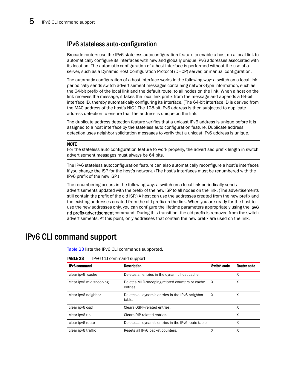 Ipv6 stateless auto-configuration, Ipv6 cli command support | Brocade Communications Systems Brocade ICX 6650 User Manual | Page 122 / 330