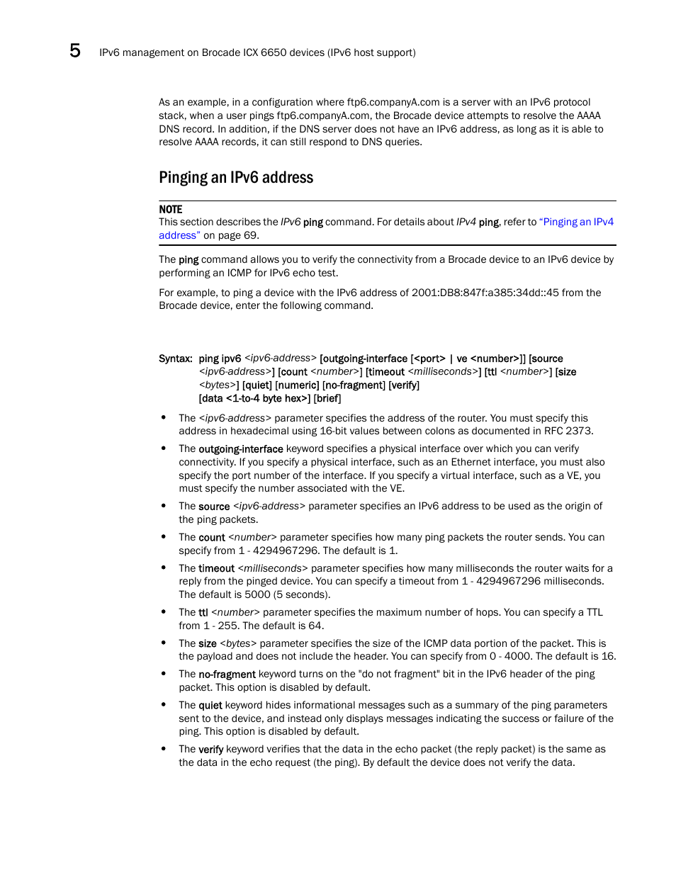 Pinging an ipv6 address | Brocade Communications Systems Brocade ICX 6650 User Manual | Page 134 / 330