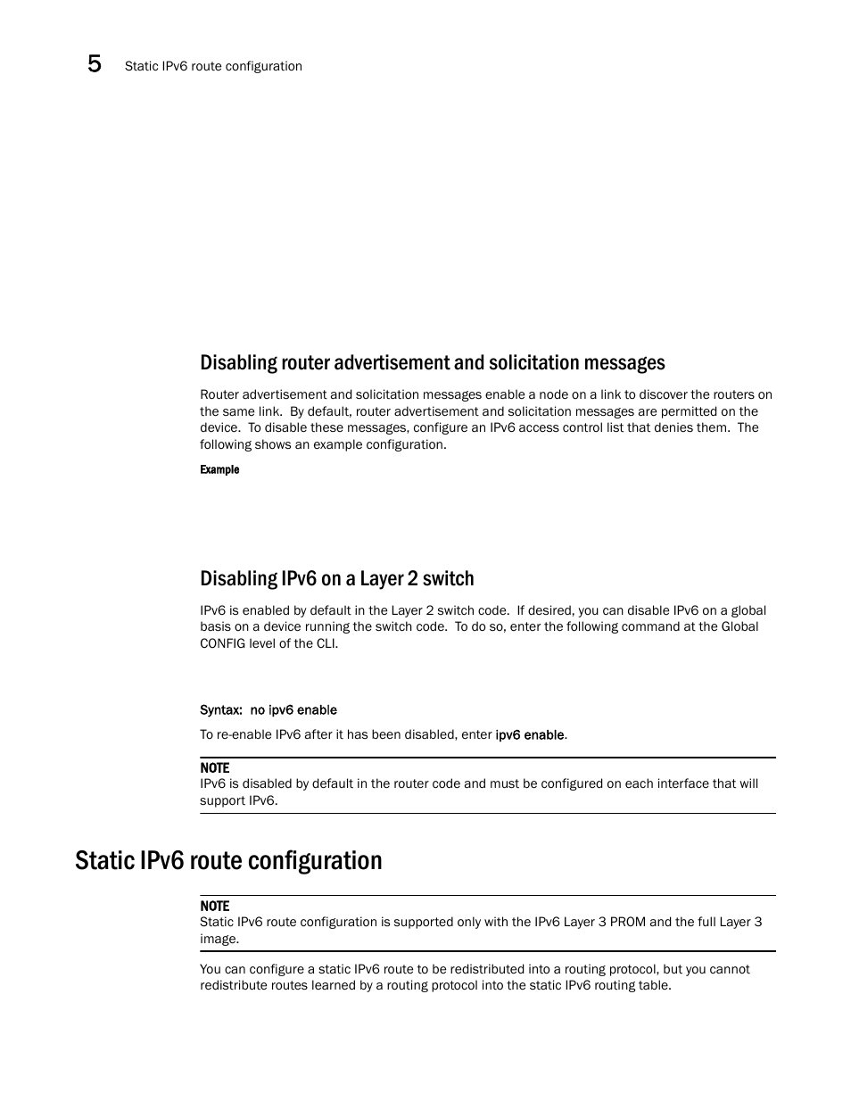 Disabling ipv6 on a layer 2 switch, Static ipv6 route configuration | Brocade Communications Systems Brocade ICX 6650 User Manual | Page 136 / 330
