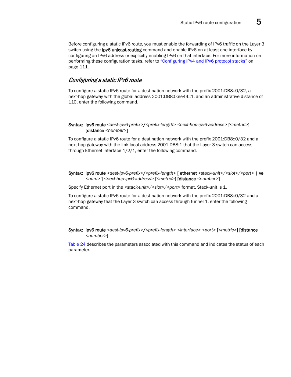 Configuring a static ipv6 route | Brocade Communications Systems Brocade ICX 6650 User Manual | Page 137 / 330