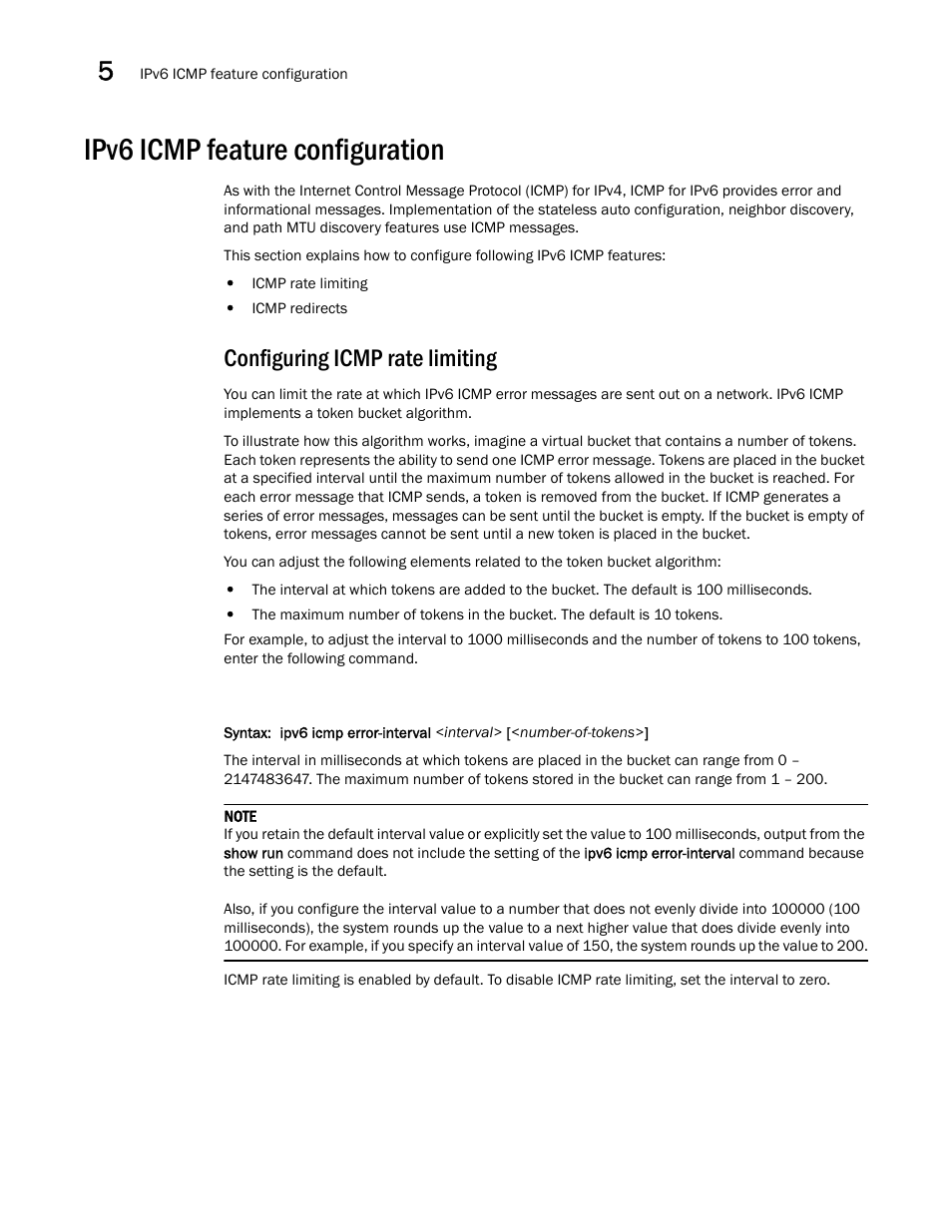 Ipv6 icmp feature configuration, Configuring icmp rate limiting | Brocade Communications Systems Brocade ICX 6650 User Manual | Page 146 / 330
