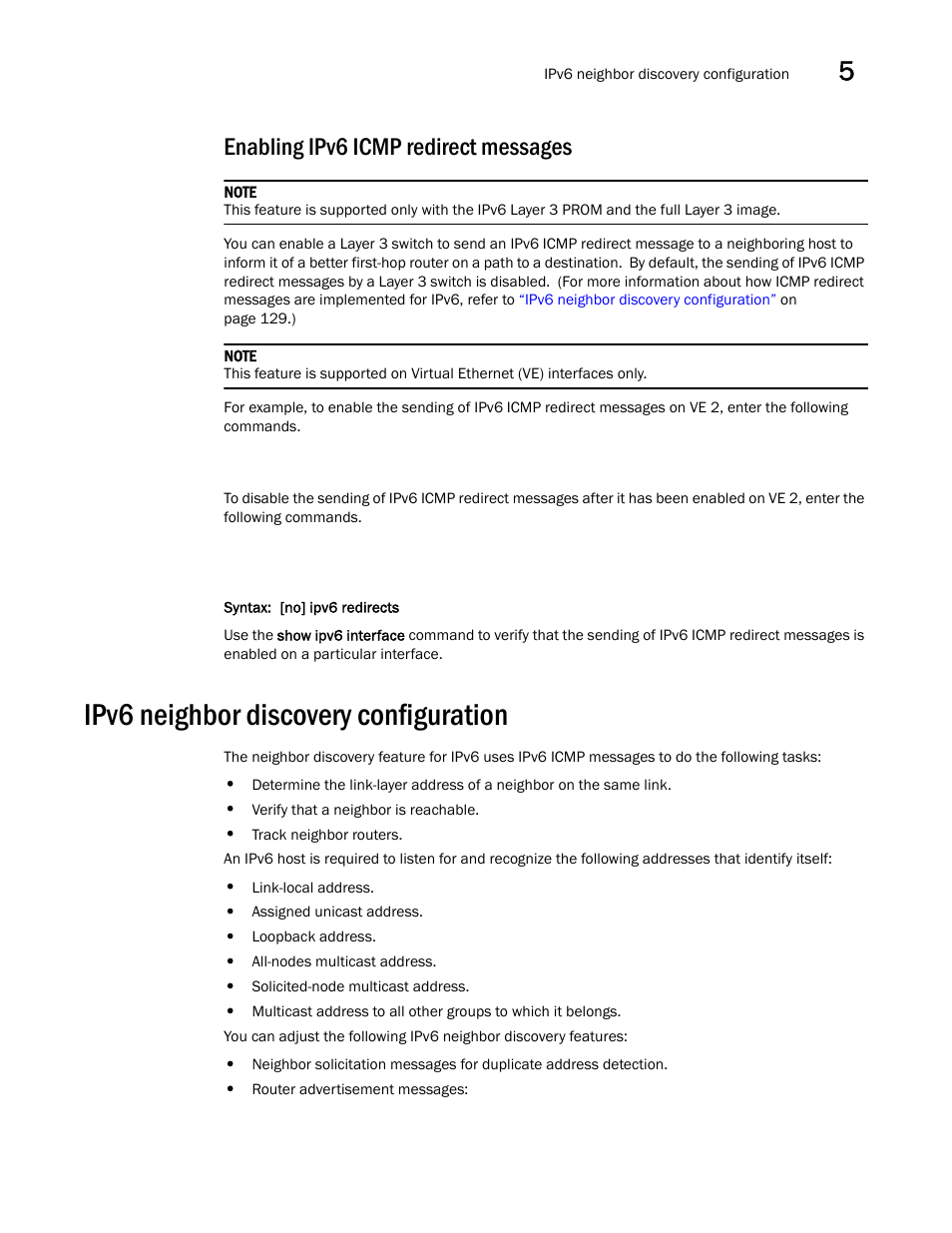 Enabling ipv6 icmp redirect messages, Ipv6 neighbor discovery configuration | Brocade Communications Systems Brocade ICX 6650 User Manual | Page 147 / 330