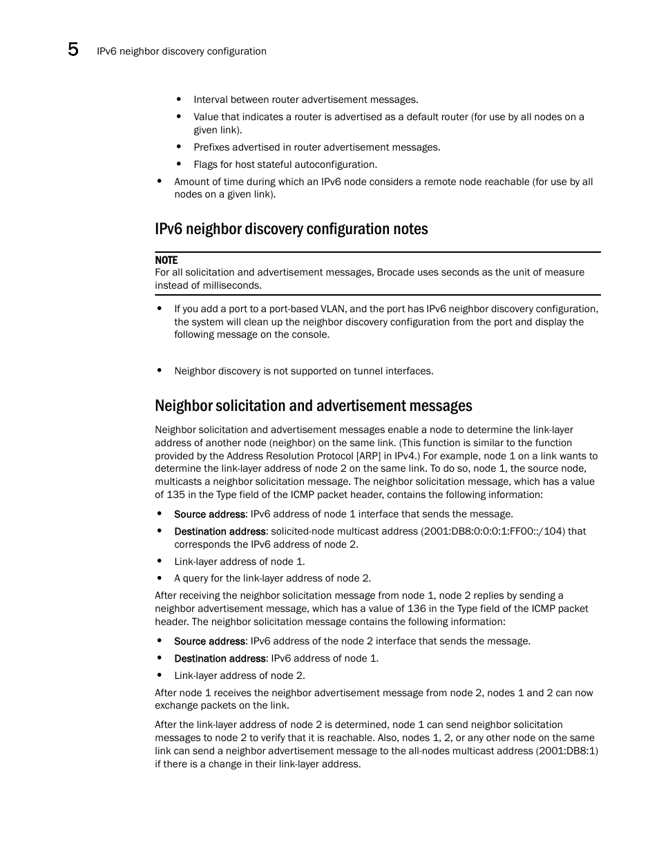 Ipv6 neighbor discovery configuration notes, Neighbor solicitation and advertisement messages | Brocade Communications Systems Brocade ICX 6650 User Manual | Page 148 / 330