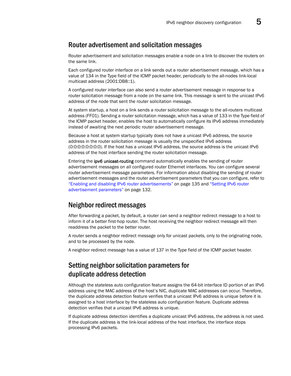 Router advertisement and solicitation messages, Neighbor redirect messages | Brocade Communications Systems Brocade ICX 6650 User Manual | Page 149 / 330