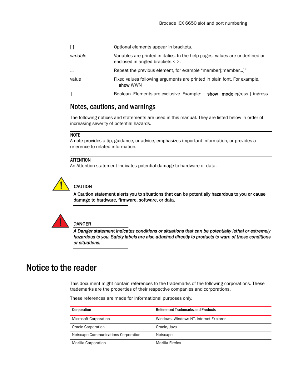 Notes, cautions, and warnings, Notice to the reader | Brocade Communications Systems Brocade ICX 6650 User Manual | Page 15 / 330