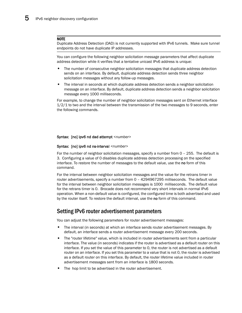 Setting ipv6 router advertisement parameters, Setting ipv6 router, Advertisement parameters | Brocade Communications Systems Brocade ICX 6650 User Manual | Page 150 / 330