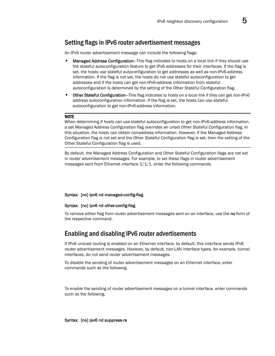 Enabling and disabling ipv6 router advertisements | Brocade Communications Systems Brocade ICX 6650 User Manual | Page 153 / 330