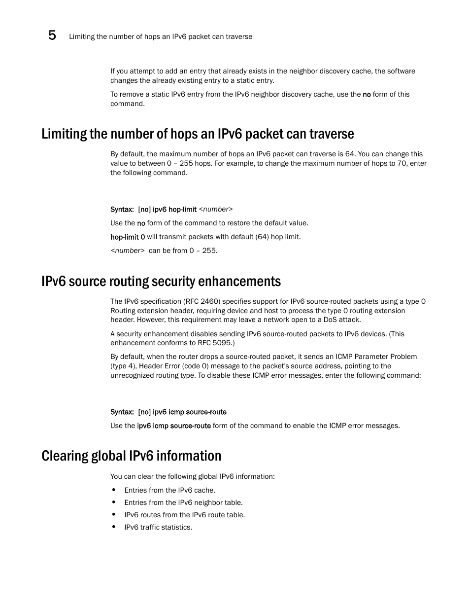Ipv6 source routing security enhancements, Clearing global ipv6 information | Brocade Communications Systems Brocade ICX 6650 User Manual | Page 156 / 330