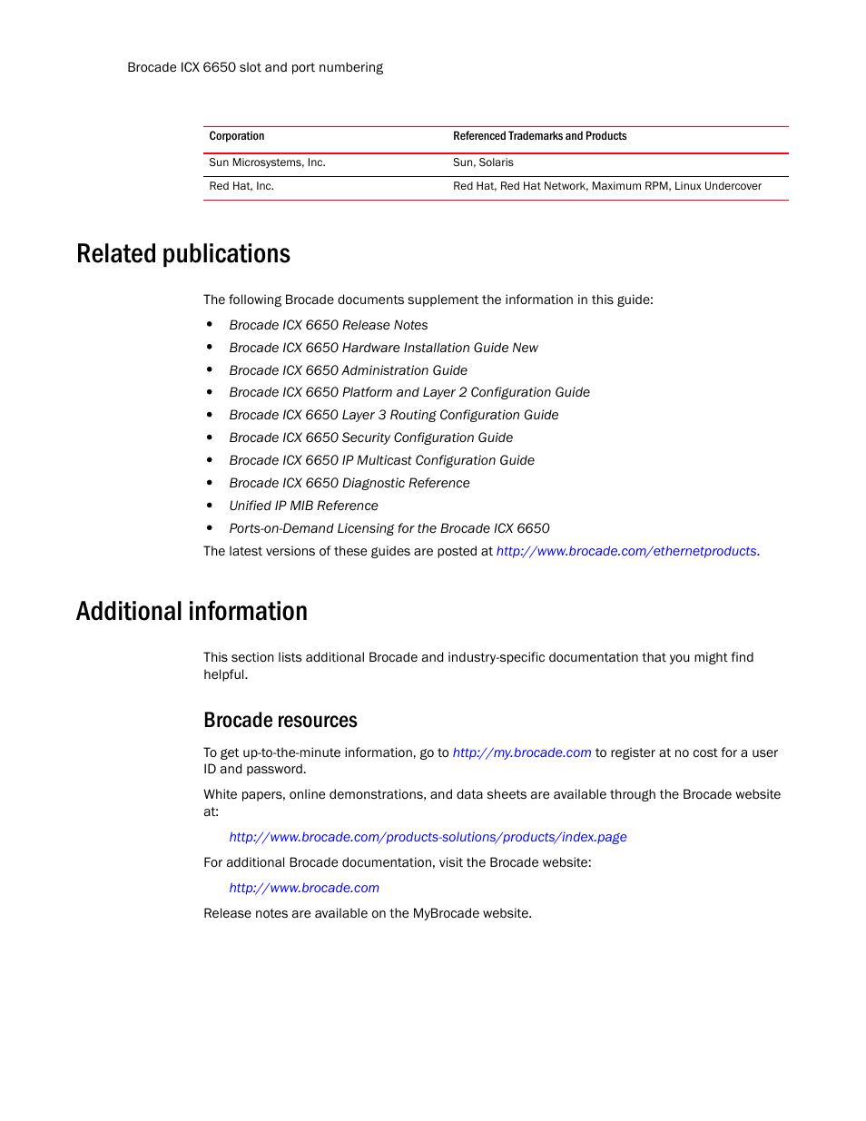 Related publications, Additional information, Brocade resources | Brocade Communications Systems Brocade ICX 6650 User Manual | Page 16 / 330