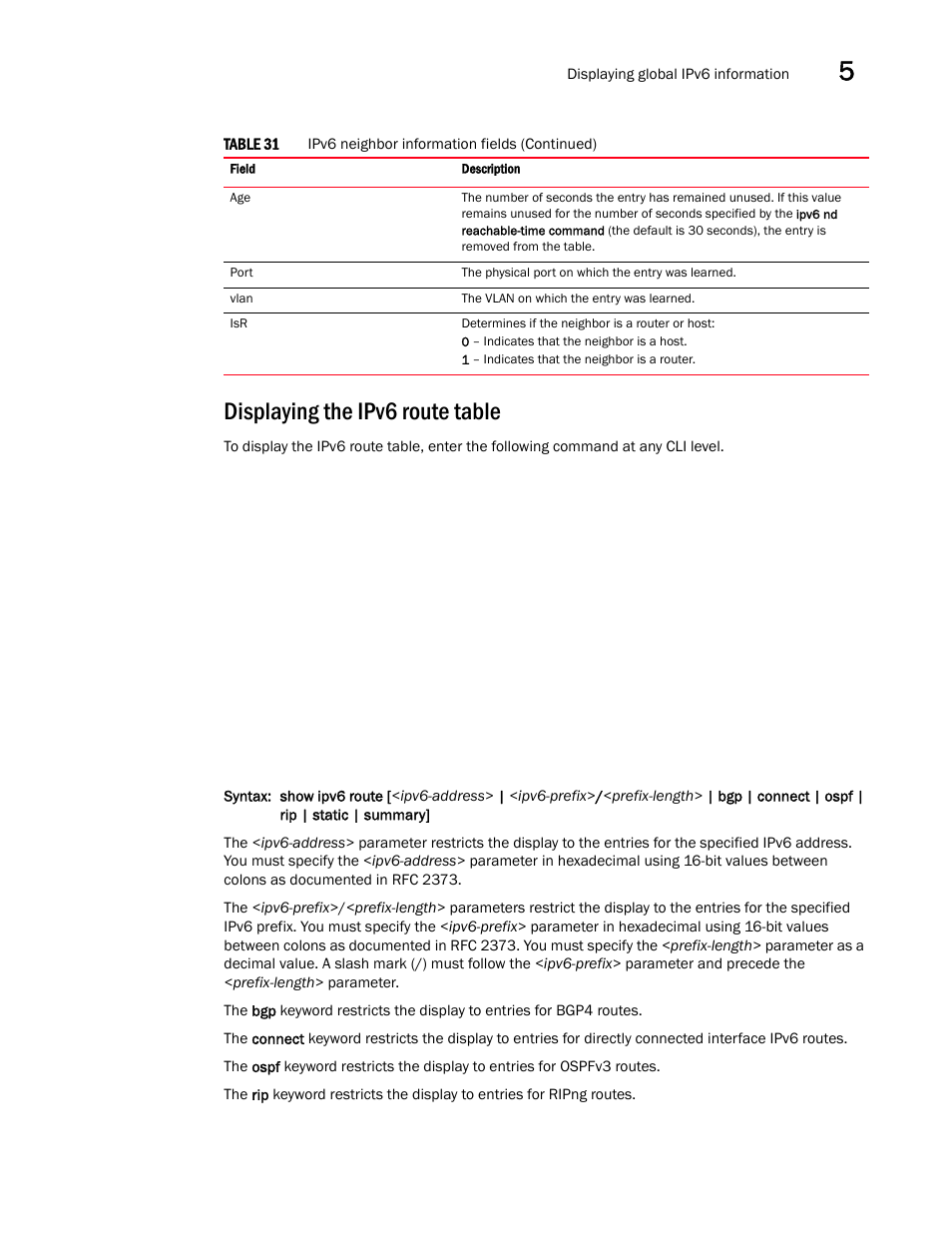 Displaying the ipv6 route table | Brocade Communications Systems Brocade ICX 6650 User Manual | Page 163 / 330