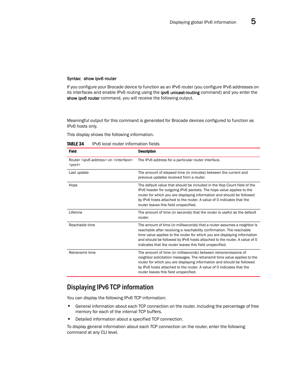 Displaying ipv6 tcp information | Brocade Communications Systems Brocade ICX 6650 User Manual | Page 165 / 330