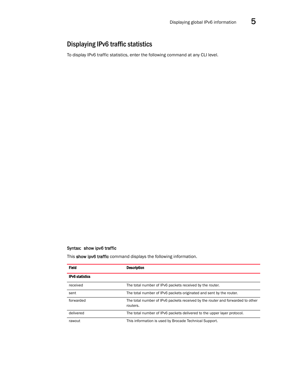 Displaying ipv6 traffic statistics | Brocade Communications Systems Brocade ICX 6650 User Manual | Page 169 / 330