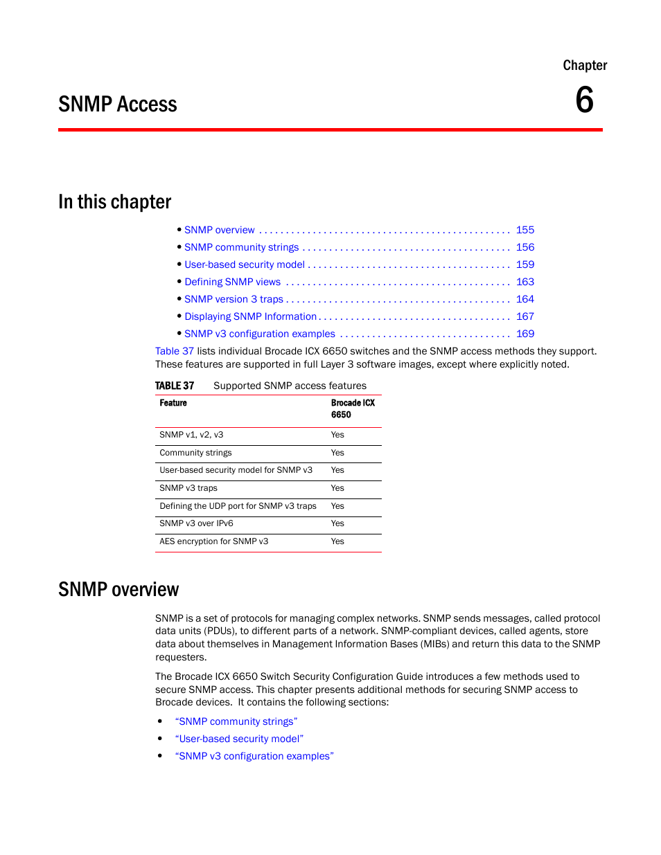 Snmp access, Snmp overview, Chapter 6 | Chapter | Brocade Communications Systems Brocade ICX 6650 User Manual | Page 173 / 330