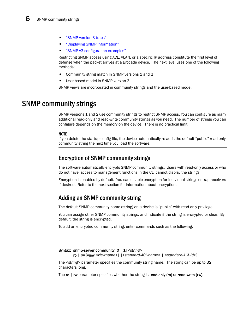 Snmp community strings, Encryption of snmp community strings, Adding an snmp community string | Brocade Communications Systems Brocade ICX 6650 User Manual | Page 174 / 330