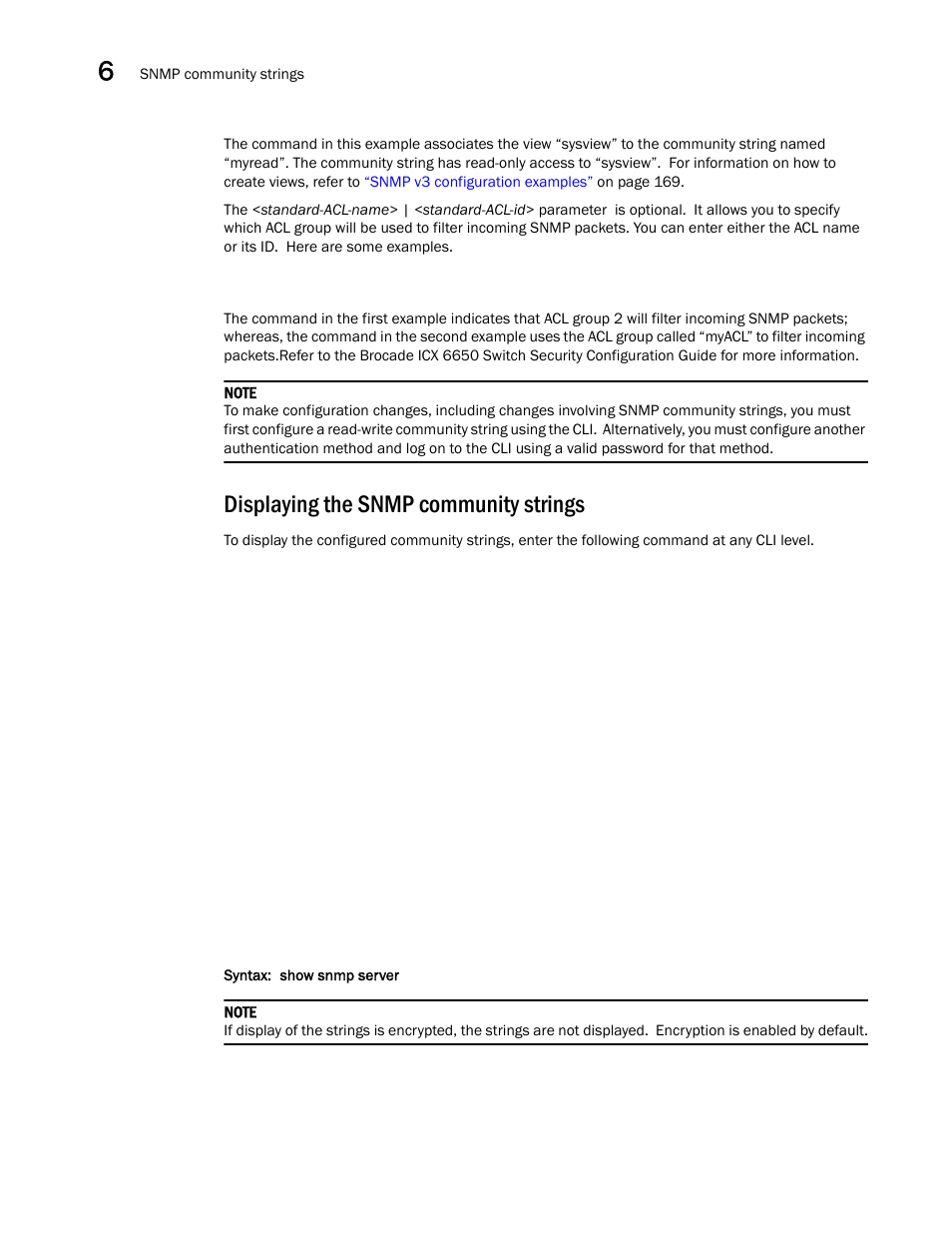 Displaying the snmp community strings | Brocade Communications Systems Brocade ICX 6650 User Manual | Page 176 / 330