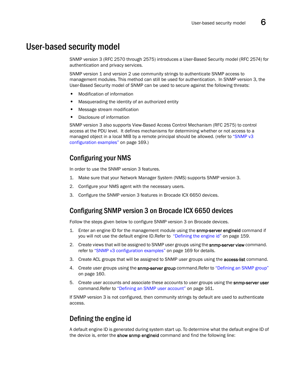 User-based security model, Configuring your nms, Defining the engine id | Brocade Communications Systems Brocade ICX 6650 User Manual | Page 177 / 330