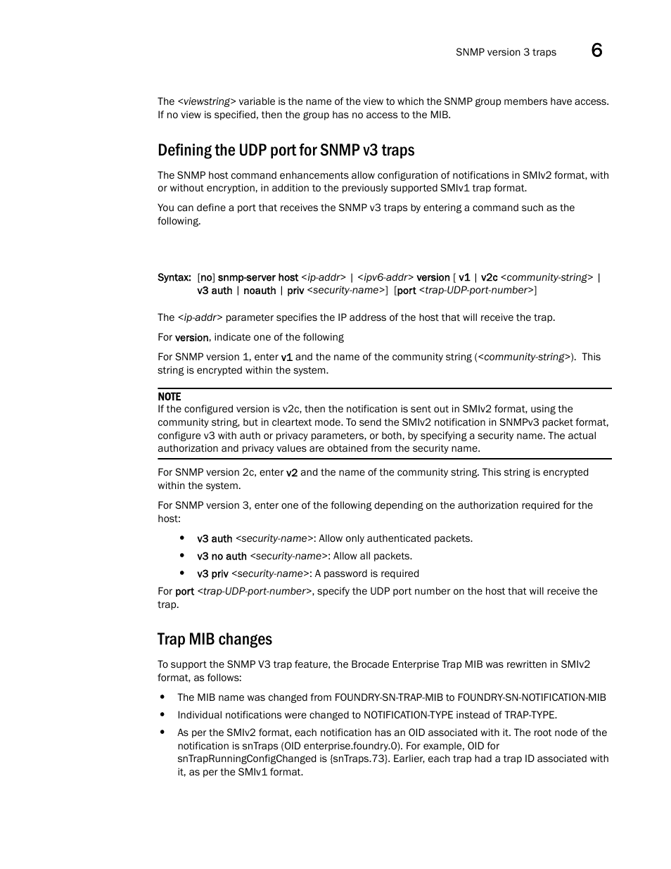 Defining the udp port for snmp v3 traps, Trap mib changes | Brocade Communications Systems Brocade ICX 6650 User Manual | Page 183 / 330